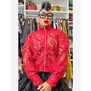 ☀️Red Lace Cropped Jacket Zip Front Statement Evening Party Festival M/L